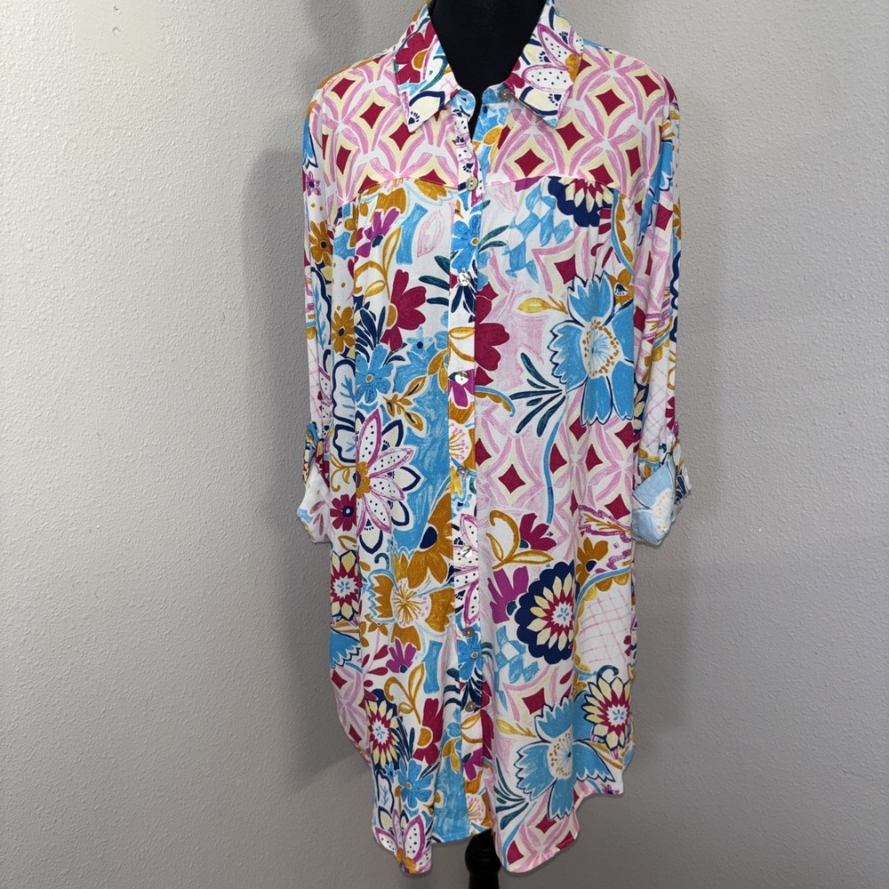 Figueroa & Flower Blouse Women's 1X Multicolor Floral Geo Roll Tab Sleeve‎ Boho